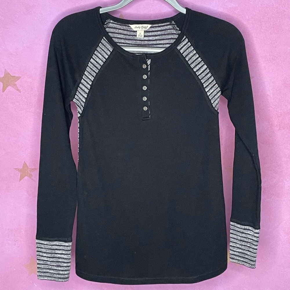 LUCKY BRAND Mixed Thermal Long Henley Sleeve Black 5 Button Front Small